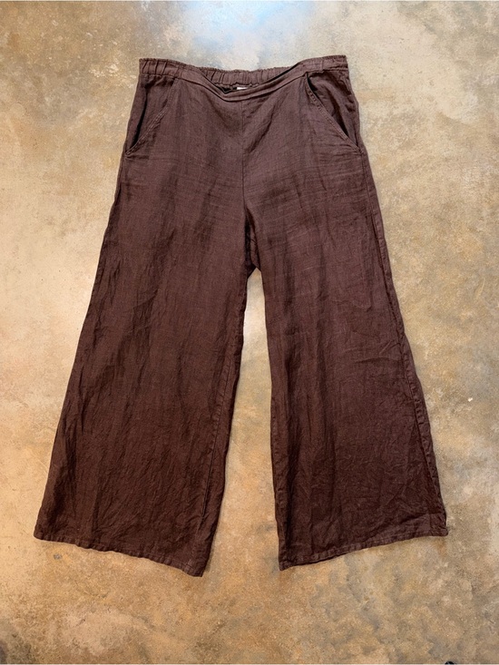 Match point Pants - Linen Blend Wide Leg Pants Brown Elastic Waist Coastal Summer Relaxed Fit L